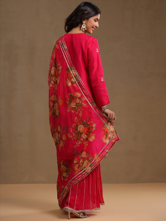 Vishudh Women Pink Embroidered Kurta With Sharara And Dupatta - Pink - Image 3