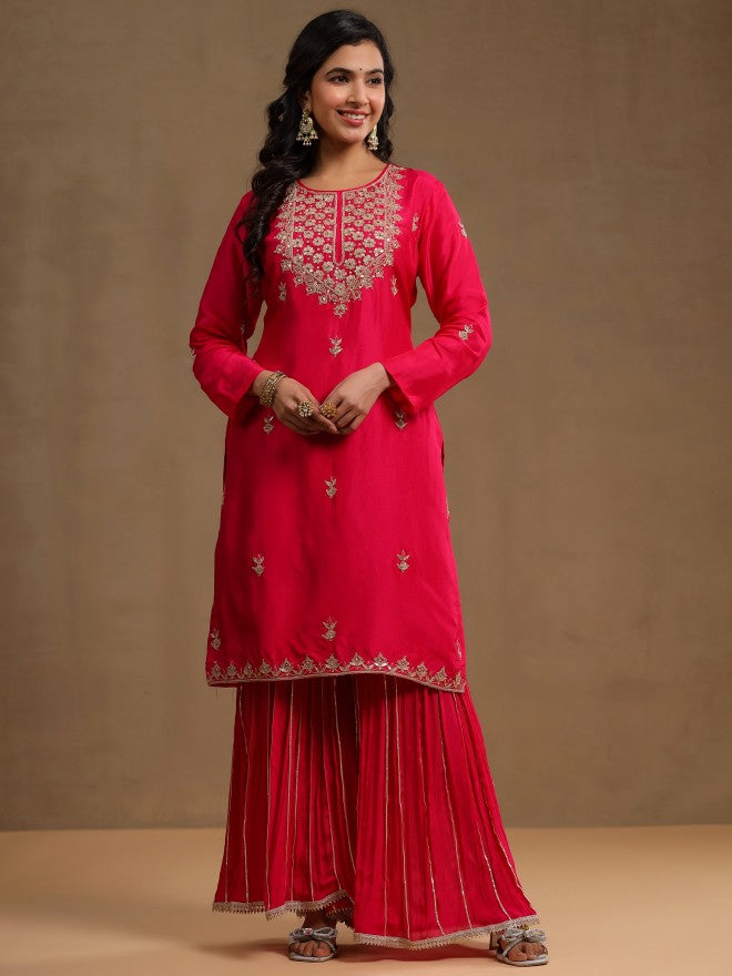 Vishudh Women Pink Embroidered Kurta With Sharara And Dupatta - Pink - Image 4