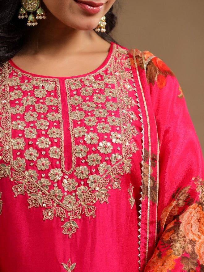 Vishudh Women Pink Embroidered Kurta With Sharara And Dupatta - Pink - Image 5