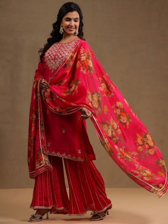 Vishudh Women Pink Embroidered Kurta With Sharara And Dupatta - Pink - Image 6