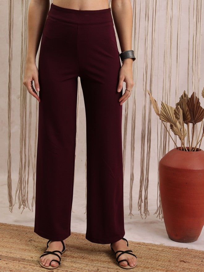 Vishudh Women Purple Solid Regular Fit Casual Trousers - Maroon - Image 1