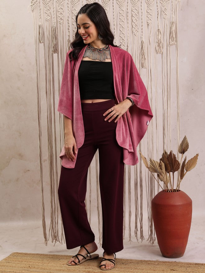 Vishudh Women Purple Solid Regular Fit Casual Trousers - Maroon - Image 2