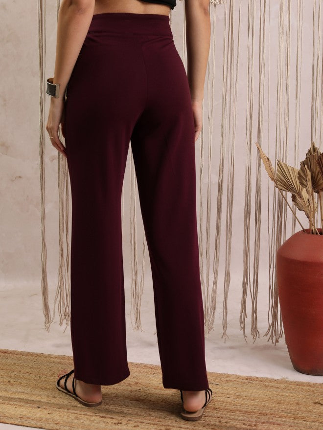 Vishudh Women Purple Solid Regular Fit Casual Trousers - Maroon - Image 3