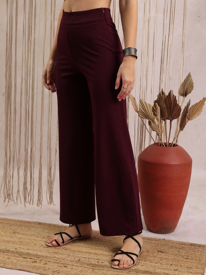 Vishudh Women Purple Solid Regular Fit Casual Trousers - Maroon - Image 4