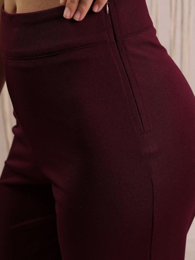 Vishudh Women Purple Solid Regular Fit Casual Trousers - Maroon - Image 5