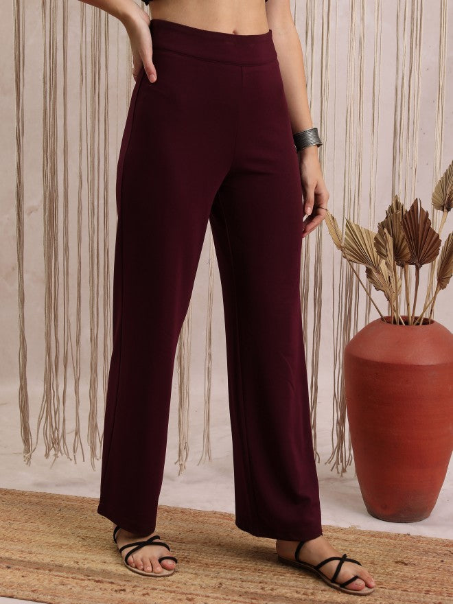 Vishudh Women Purple Solid Regular Fit Casual Trousers - Maroon - Image 6