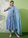 Vishudh Women Blue Printed Kurta With Trousers & Dupatta - Blue - Image 1