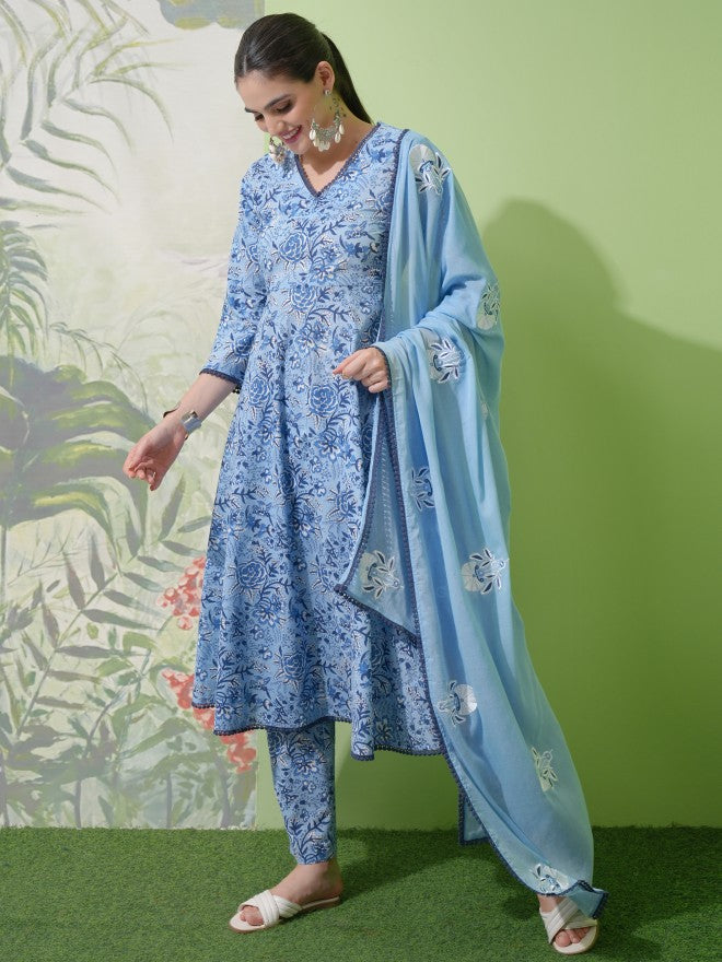 Vishudh Women Blue Printed Kurta With Trousers & Dupatta - Blue - Image 2