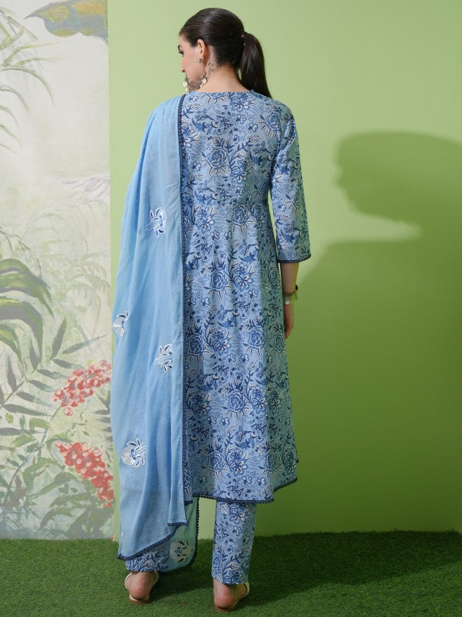 Vishudh Women Blue Printed Kurta With Trousers & Dupatta - Blue - Image 3