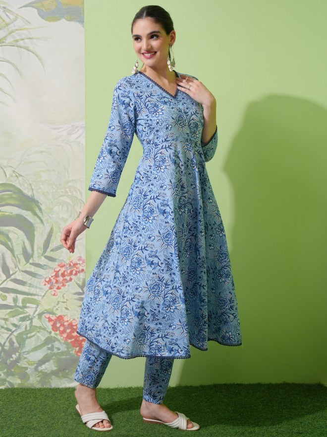 Vishudh Women Blue Printed Kurta With Trousers & Dupatta - Blue - Image 4