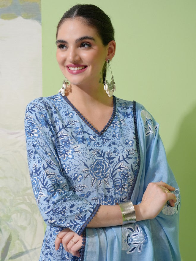 Vishudh Women Blue Printed Kurta With Trousers & Dupatta - Blue - Image 8