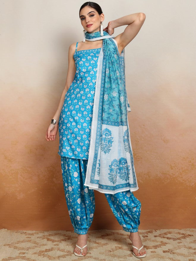 Vishudh Women Blue Printed Kurta With Palazzos And Dupatta - Blue - Image 1