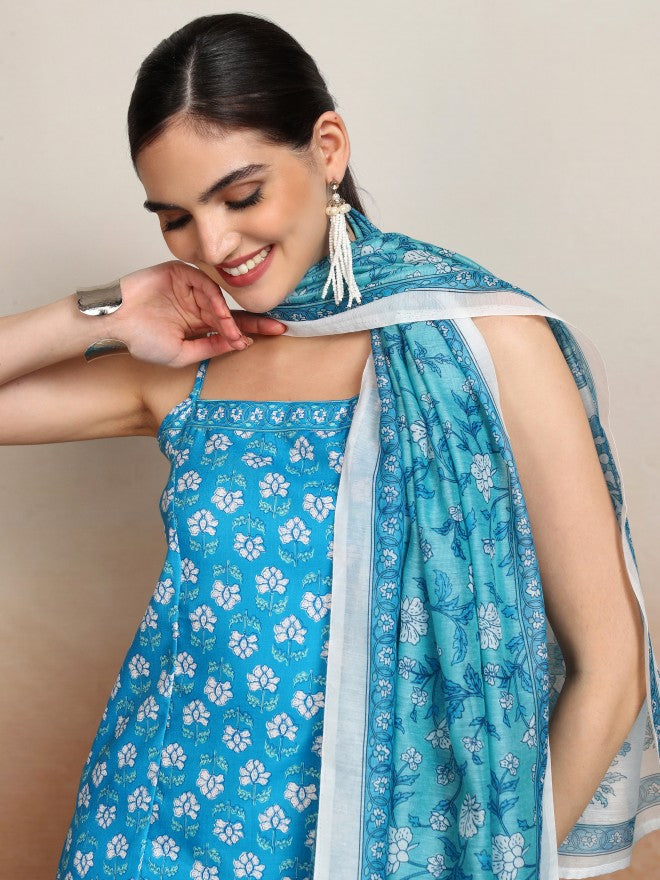 Vishudh Women Blue Printed Kurta With Palazzos And Dupatta - Blue - Image 2