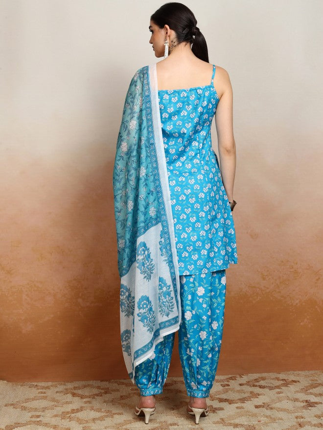 Vishudh Women Blue Printed Kurta With Palazzos And Dupatta - Blue - Image 3