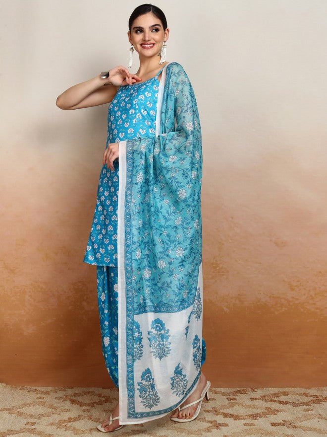 Vishudh Women Blue Printed Kurta With Palazzos And Dupatta - Blue - Image 4