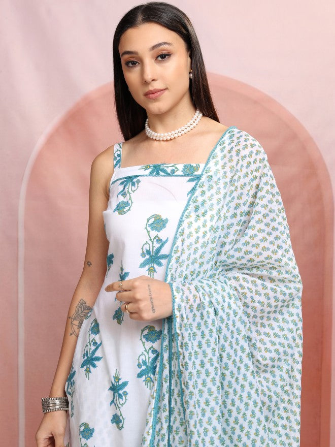 Vishudh Women White Printed Kurta With Trousers And Dupatta - White - Image 1