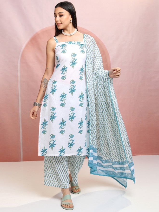 Vishudh Women White Printed Kurta With Trousers And Dupatta - White - Image 2