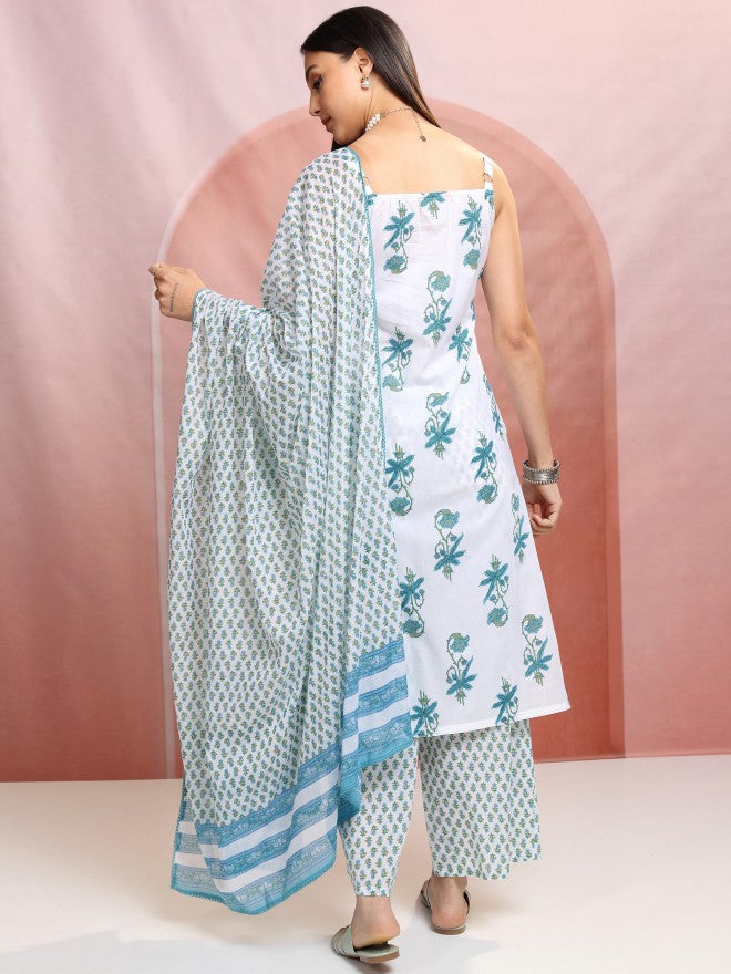 Vishudh Women White Printed Kurta With Trousers And Dupatta - White - Image 3
