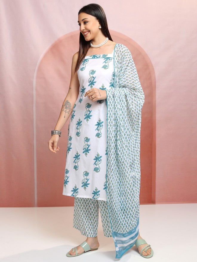 Vishudh Women White Printed Kurta With Trousers And Dupatta - White - Image 4