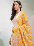 Vishudh Women White & Yellow Printed Round Neck Kurta With Regular Pant And Dupatta - White - Image 1