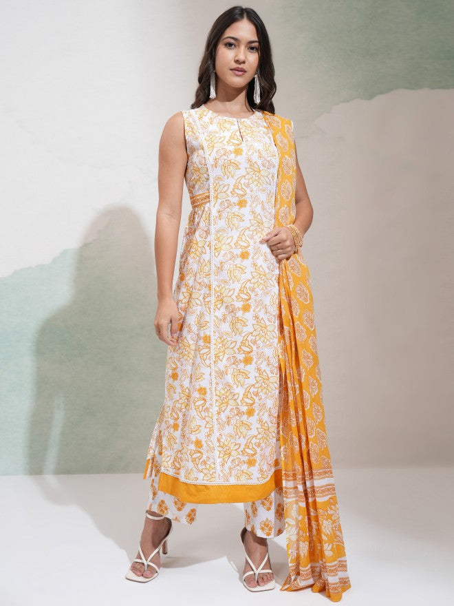 Vishudh Women White & Yellow Printed Round Neck Kurta With Regular Pant And Dupatta - White - Image 2