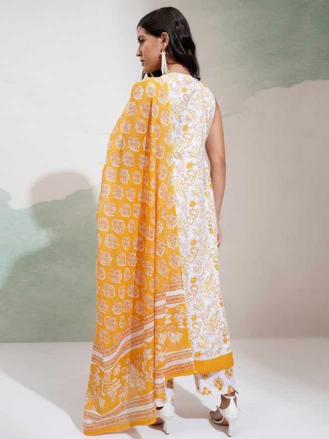 Vishudh Women White & Yellow Printed Round Neck Kurta With Regular Pant And Dupatta - White - Image 3