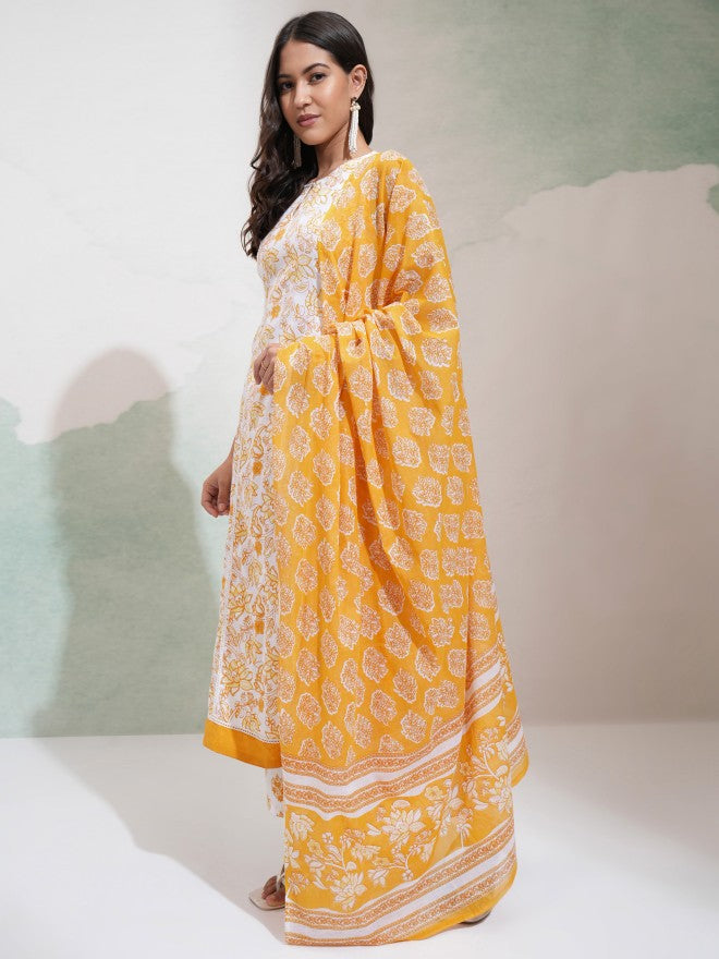 Vishudh Women White & Yellow Printed Round Neck Kurta With Regular Pant And Dupatta - White - Image 4
