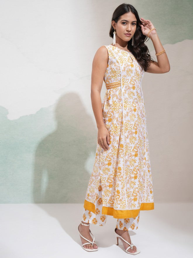 Vishudh Women White & Yellow Printed Round Neck Kurta With Regular Pant And Dupatta - White - Image 6