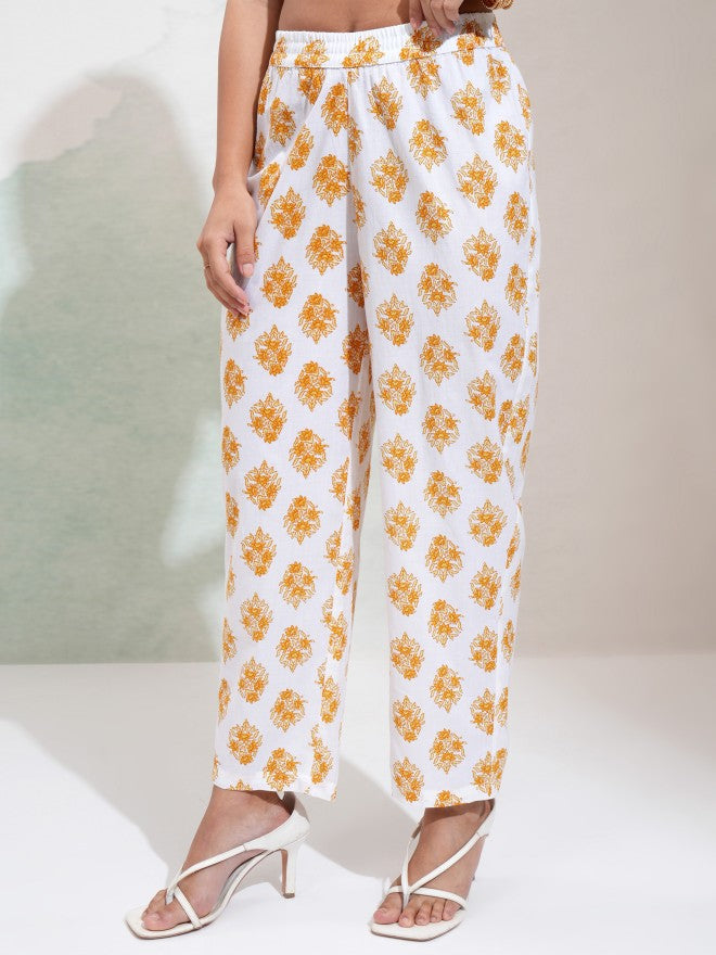 Vishudh Women White & Yellow Printed Round Neck Kurta With Regular Pant And Dupatta - White - Image 7