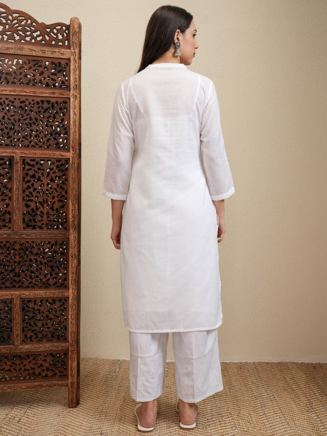 Vishudh Women White Embroidered Kurta With Trouser - White - Image 3