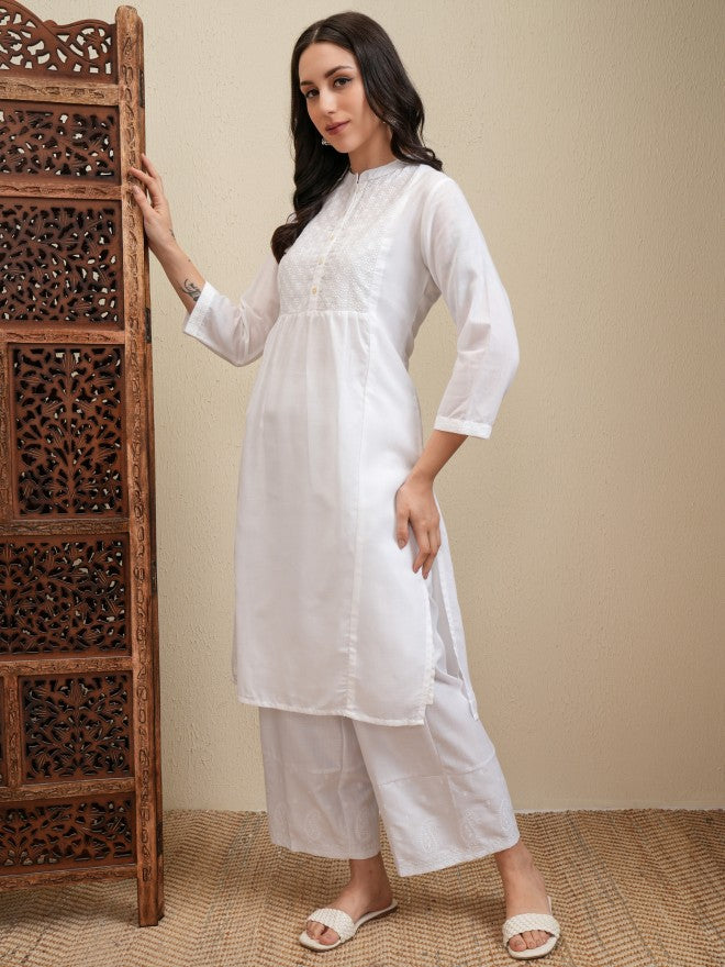 Vishudh Women White Embroidered Kurta With Trouser - White - Image 4