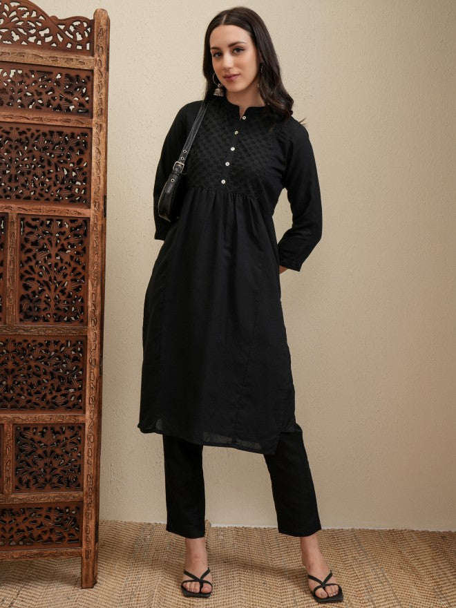 Vishudh Women Black Embroidered Kurta With Trouser - Black - Image 2