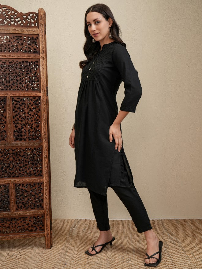 Vishudh Women Black Embroidered Kurta With Trouser - Black - Image 4