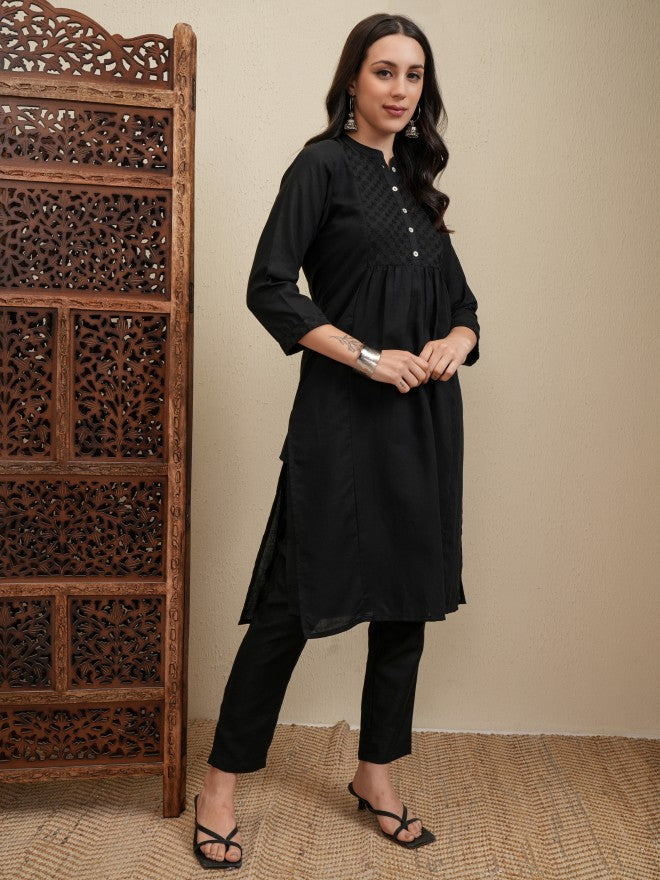 Vishudh Women Black Embroidered Kurta With Trouser - Black - Image 6
