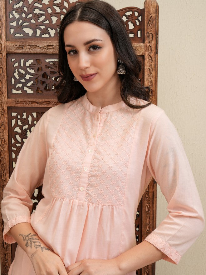Vishudh Women Peach Embroidered Kurta With Trouser - Peach - Image 1