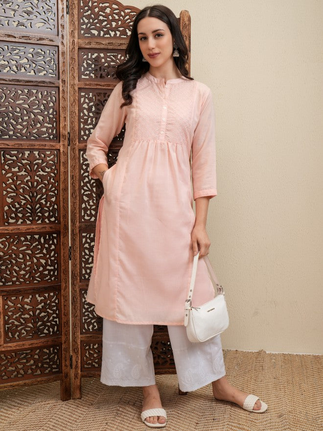 Vishudh Women Peach Embroidered Kurta With Trouser - Peach - Image 2