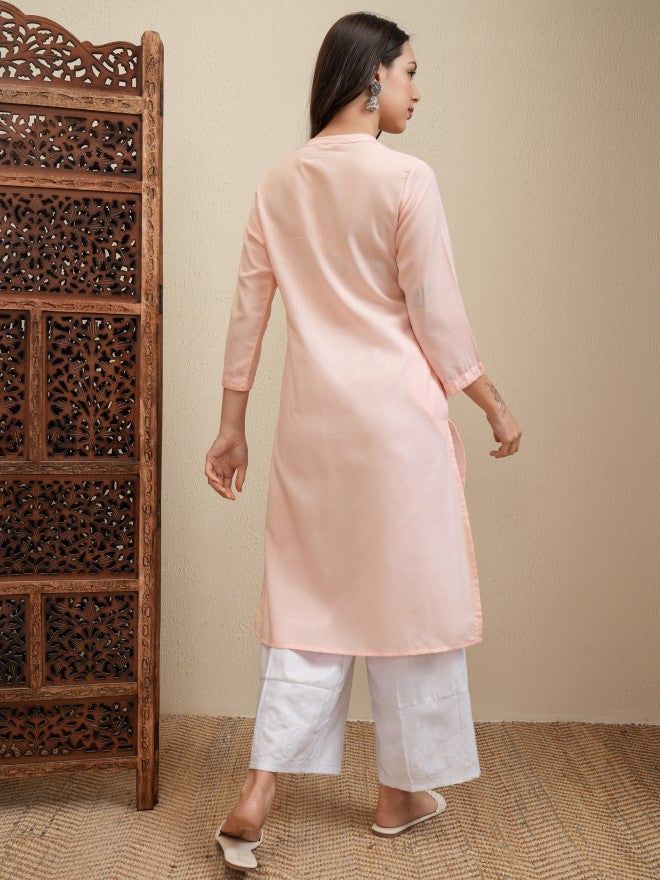 Vishudh Women Peach Embroidered Kurta With Trouser - Peach - Image 3