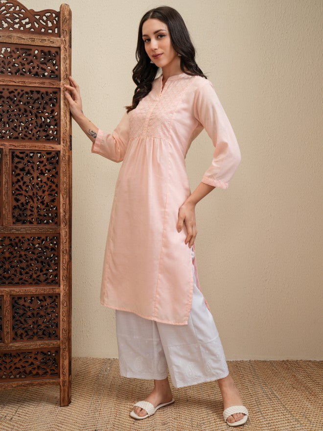 Vishudh Women Peach Embroidered Kurta With Trouser - Peach - Image 4