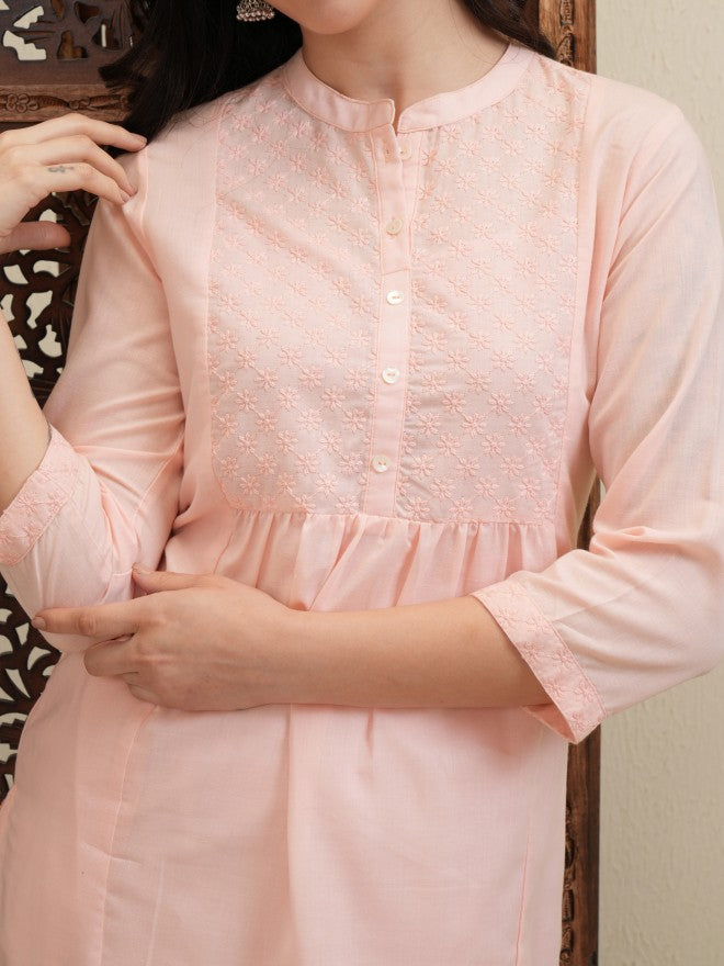 Vishudh Women Peach Embroidered Kurta With Trouser - Peach - Image 5