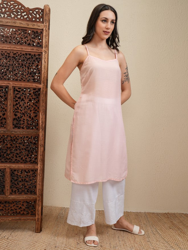 Vishudh Women Peach Embroidered Kurta With Trouser - Peach - Image 6