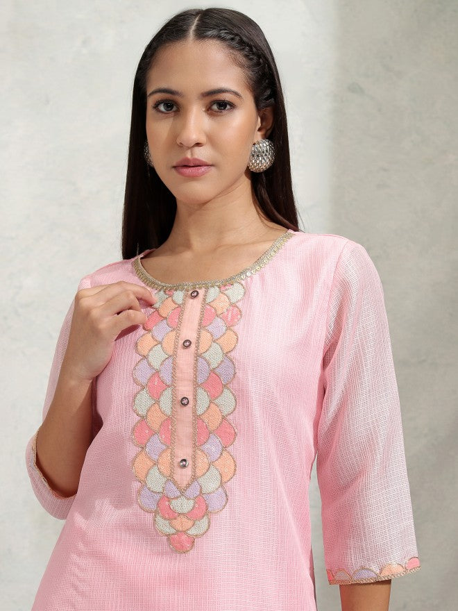 Vishudh Women Pink Solid Regular Round Neck Kurta With Neck Patch Three Quarter Sleeves And Slim Pants - Pink - Image 1