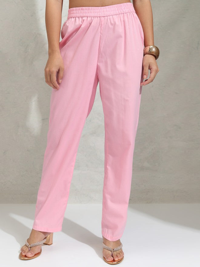 Vishudh Women Pink Solid Regular Round Neck Kurta With Neck Patch Three Quarter Sleeves And Slim Pants - Pink - Image 7
