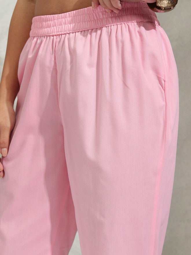 Vishudh Women Pink Solid Regular Round Neck Kurta With Neck Patch Three Quarter Sleeves And Slim Pants - Pink - Image 8