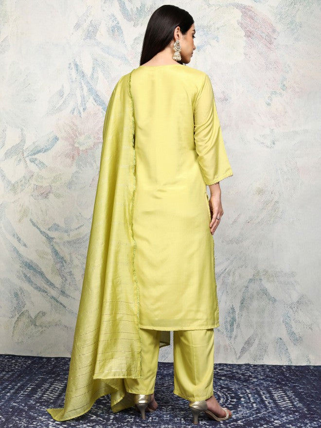 Vishudh Women Green Printed Kurta With Trouser And Dupatta - Green - Image 2