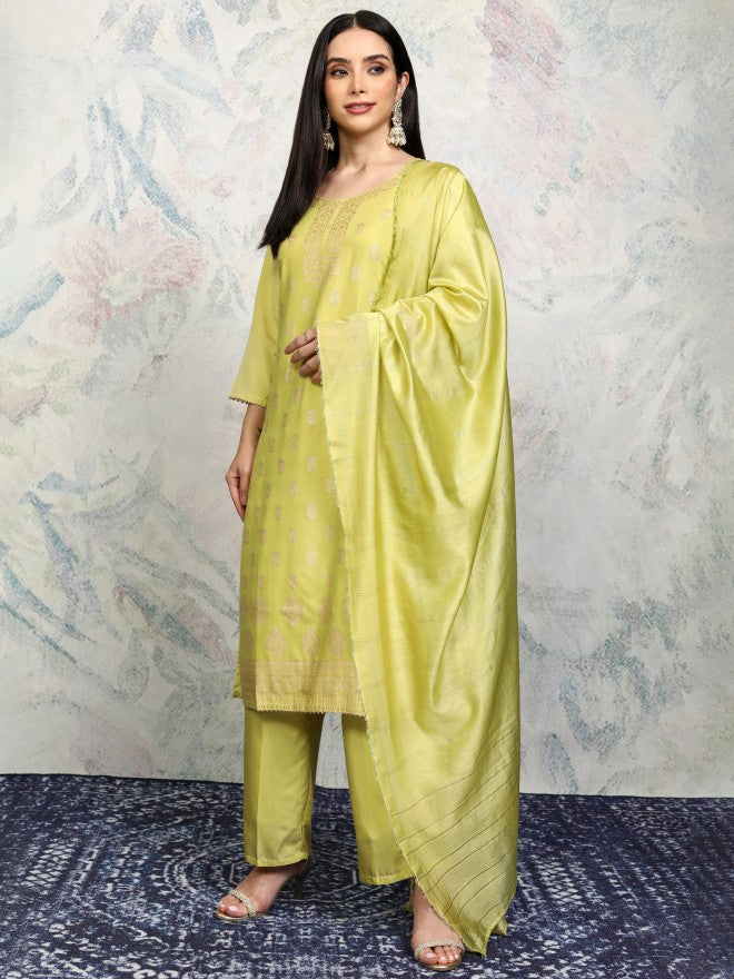 Vishudh Women Green Printed Kurta With Trouser And Dupatta - Green - Image 3