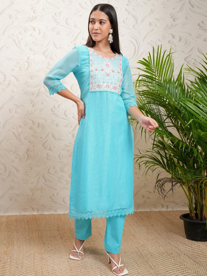 Vishudh Women Blue Embroidered Kurta With Trousers - Blue - Image 2
