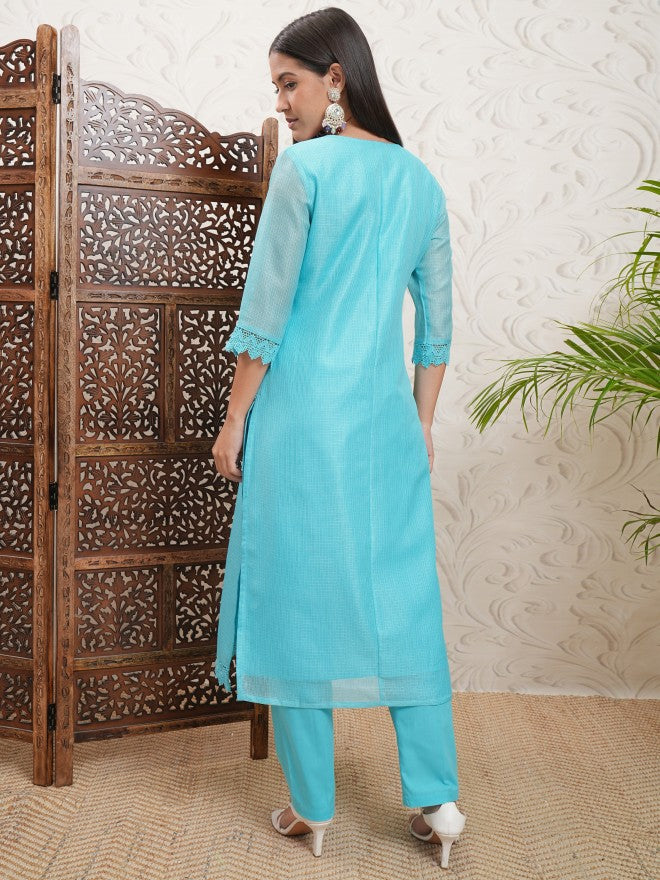 Vishudh Women Blue Embroidered Kurta With Trousers - Blue - Image 3