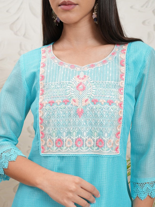Vishudh Women Blue Embroidered Kurta With Trousers - Blue - Image 5
