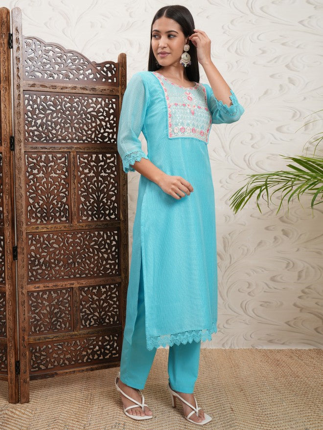 Vishudh Women Blue Embroidered Kurta With Trousers - Blue - Image 6