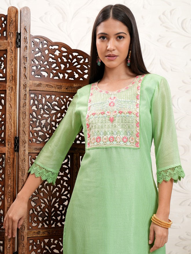 Vishudh Women Green Embroidered Kurta With Trousers - Green - Image 1